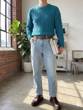 Vintage 90s Teal Cable Knit Sweater Acrylic Crew Neck Cozy Size M/L